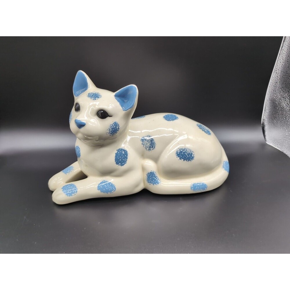 RARE 12" Cat Figurine Porcelain Ceramic White With Blue Polka Dots Resting